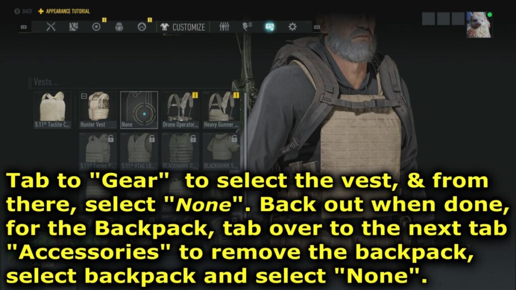 Select "none" to remove your vest.