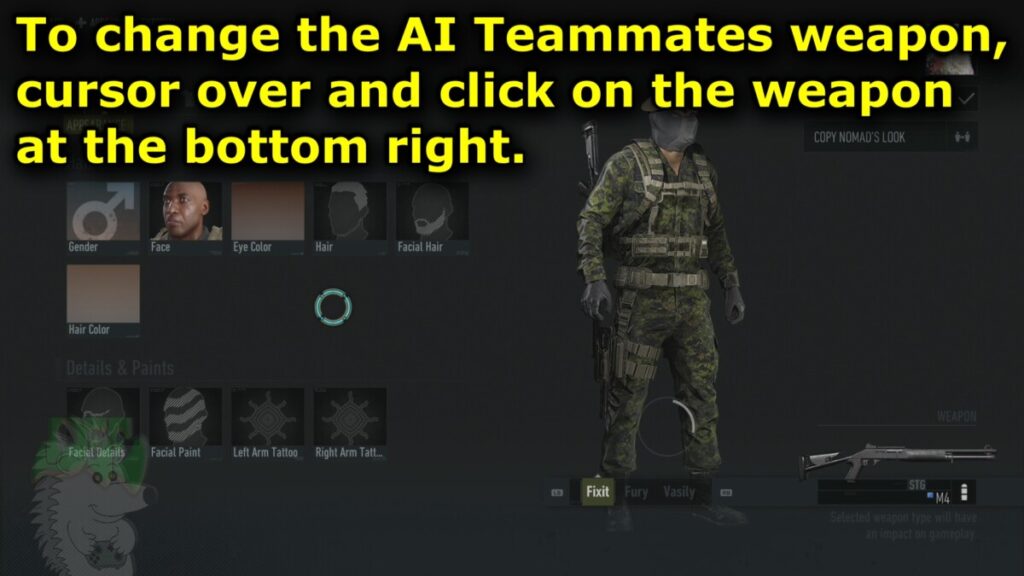 Change AI Teammates weapon, cursor over and click the weapon at the bottom right corner