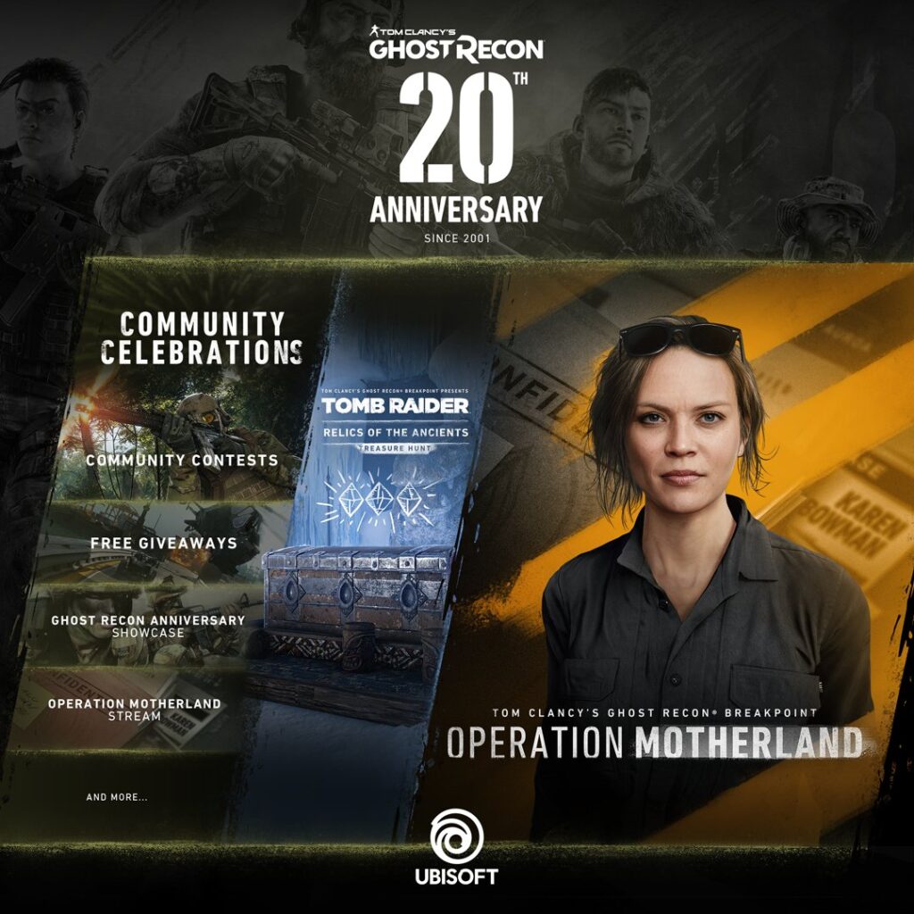 Ghost Recon 20th Anniversary plans.  Bowman is coming in end year update, Tomb Raider event, giveaways, contests and much more