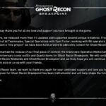 Black background image with white text of a message from the developers of Ghost recon Breakpoint. Mentioning adding AI Teammates, Sam Fisher, Rainbow Six crossover and more with 11 updates to the game in 2 years. Then ending it with thanking for the support to the franchises and development is done on the game.