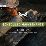 Image of an AI Teammate from Ghost Recon Breakpoint fixing something with white text saying Schedule Maintenance, April 5th.