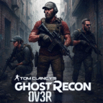 Twigs Dee AI Generated image of Ghost Recon Nomad with 2 other operators in a dirty back ally. One female operator behind Nomad on his right, your left as Nomad is facing you. And another operator, male on Nomads left. All armed and looking badass. Bottom of the screen shows the logo "Tom Clancy's Ghost Recon" with the word "OVER" under it, but spelt as Zero. V. Three. R.