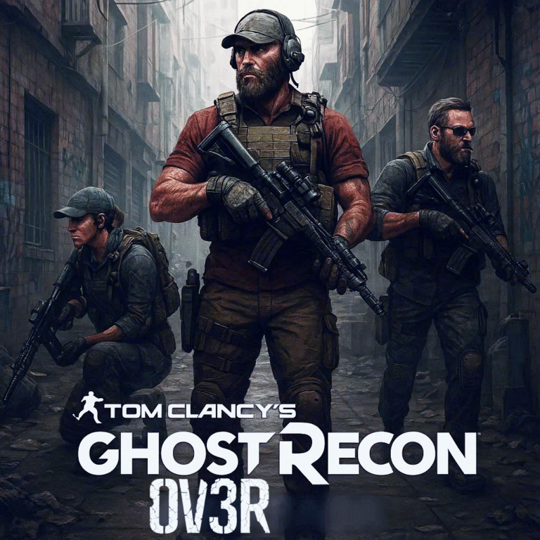 Twigs Dee AI Generated image of Ghost Recon Nomad with 2 other operators in a dirty back ally. One female operator behind Nomad on his right, your left as Nomad is facing you. And another operator, male on Nomads left. All armed and looking badass. Bottom of the screen shows the logo "Tom Clancy's Ghost Recon" with the word "OVER" under it, but spelt as Zero. V. Three. R.
