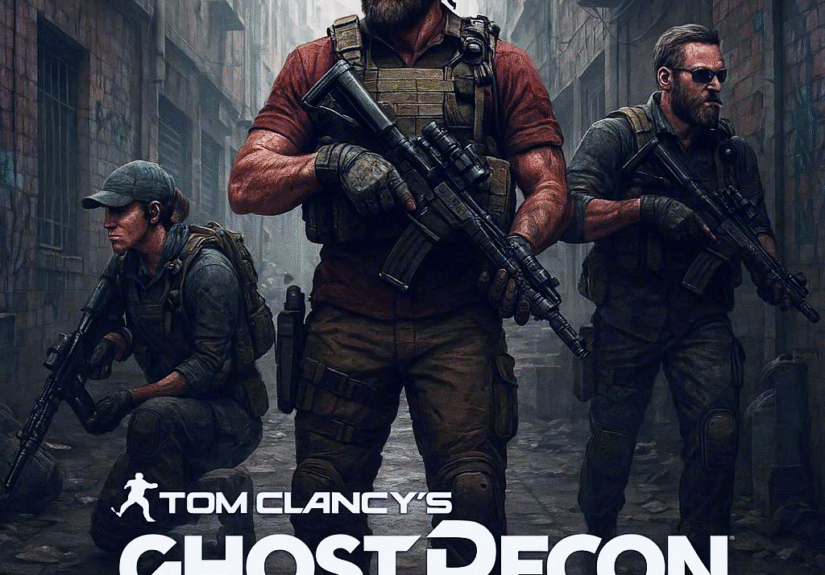 Twigs Dee AI Generated image of Ghost Recon Nomad with 2 other operators in a dirty back ally. One female operator behind Nomad on his right, your left as Nomad is facing you. And another operator, male on Nomads left. All armed and looking badass. Bottom of the screen shows the logo "Tom Clancy's Ghost Recon" with the word "OVER" under it, but spelt as Zero. V. Three. R.