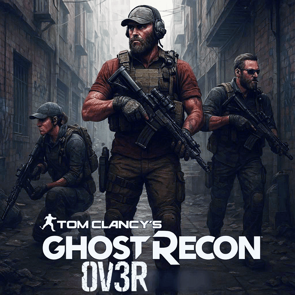 Twigs Dee AI Generated image of Ghost Recon Nomad with 2 other operators in a dirty back ally. One female operator behind Nomad on his right, your left as Nomad is facing you. And another operator, male on Nomads left. All armed and looking badass. Bottom of the screen shows the logo "Tom Clancy's Ghost Recon" with the word "OVER" under it, but spelt as Zero. V. Three. R.