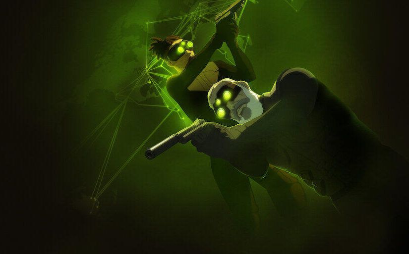 Splinter Cells main character, Sam Fisher in the dark with his sidearm drawn
