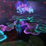 Na'vi character standing in a cave in water at night, so the lilly pads floating are glowing green, blue and purples. While mushrooms are glowing, grass is glowing.